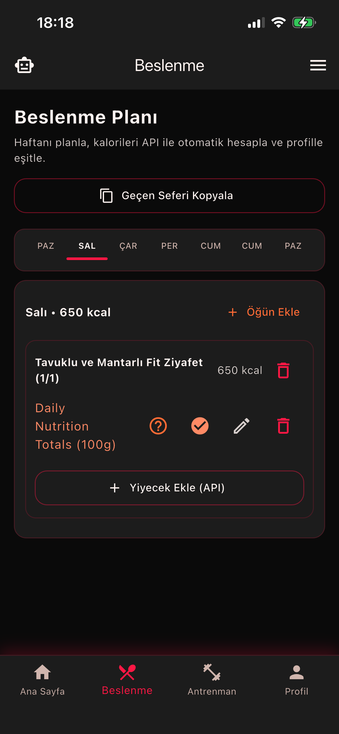 FitAndEat beslenme takip ekranı